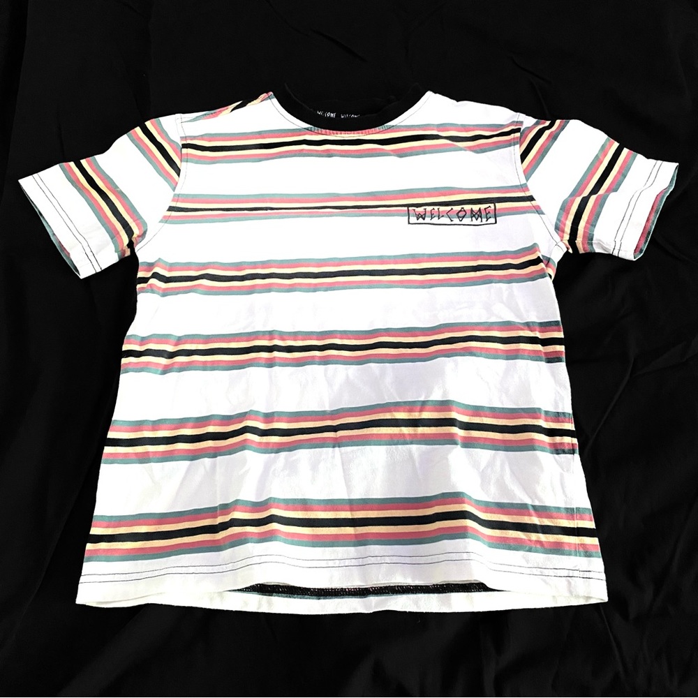 Welcome Skateboard Tee Shirt Mens Short Sleeve Striped Small T Shirt Logo